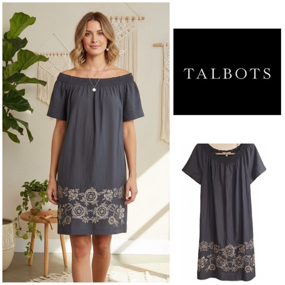 Talbots Dresses & Skirts - Talbots Women's Navy Off-Shoulder Dress with Floral Embroidery